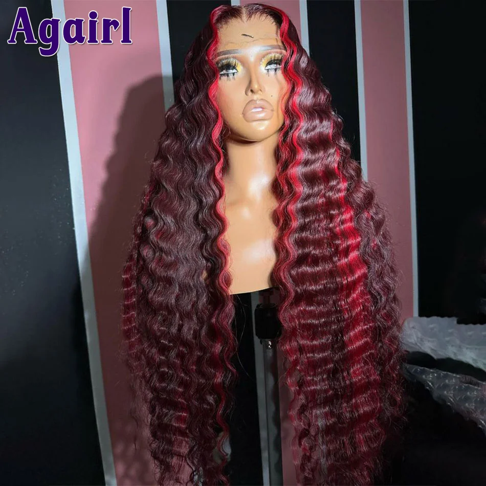 

Highlight Red 13x6 Deep Wave Lace Frontal Wig 13X4 Glueless Lace Front Curly Human Hair Wigs For Women 4x6 Lace Closure Wig 200%