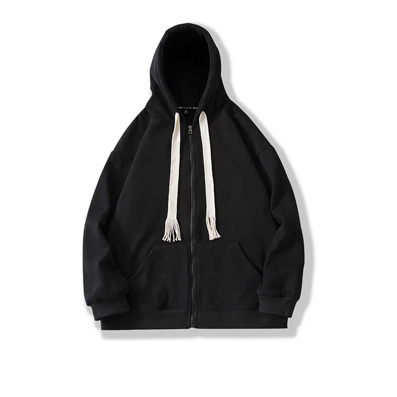 Women Hooded Long Sleeve Japanese Sporty Sweatshirt Zip-up Casual Couple Loose Solid Retro Draw String Tracksuit