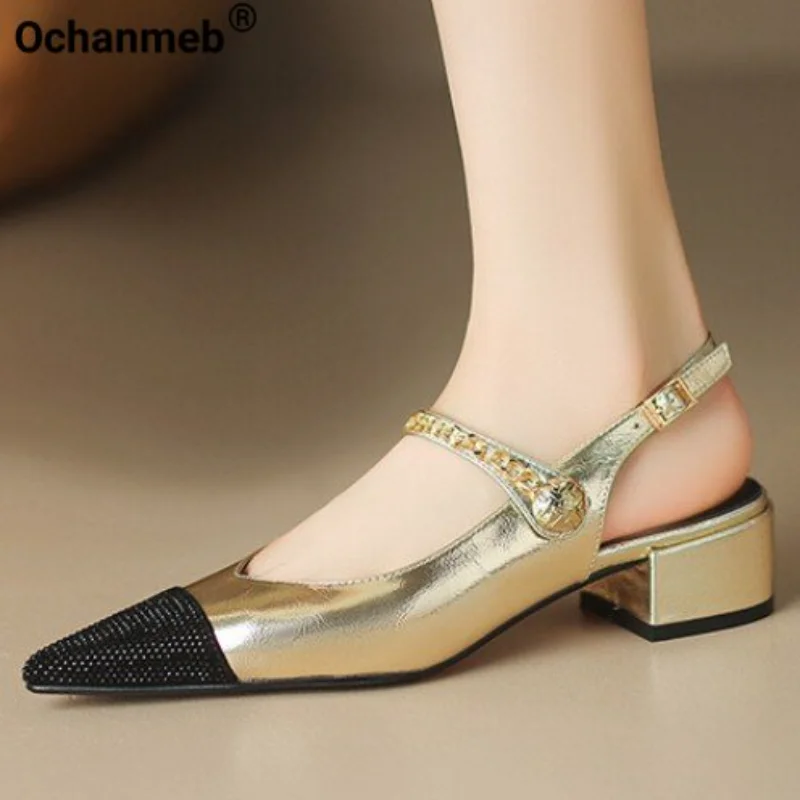 

Туфли-лодочки Ochanmeb женские из натуральной кожи, брендовые босоножки Мэри Джейн с металлической цепочкой, с ремешком на пятке, лоскутные сандалии на среднем каблуке, золотистого и серебристого цвета, 42