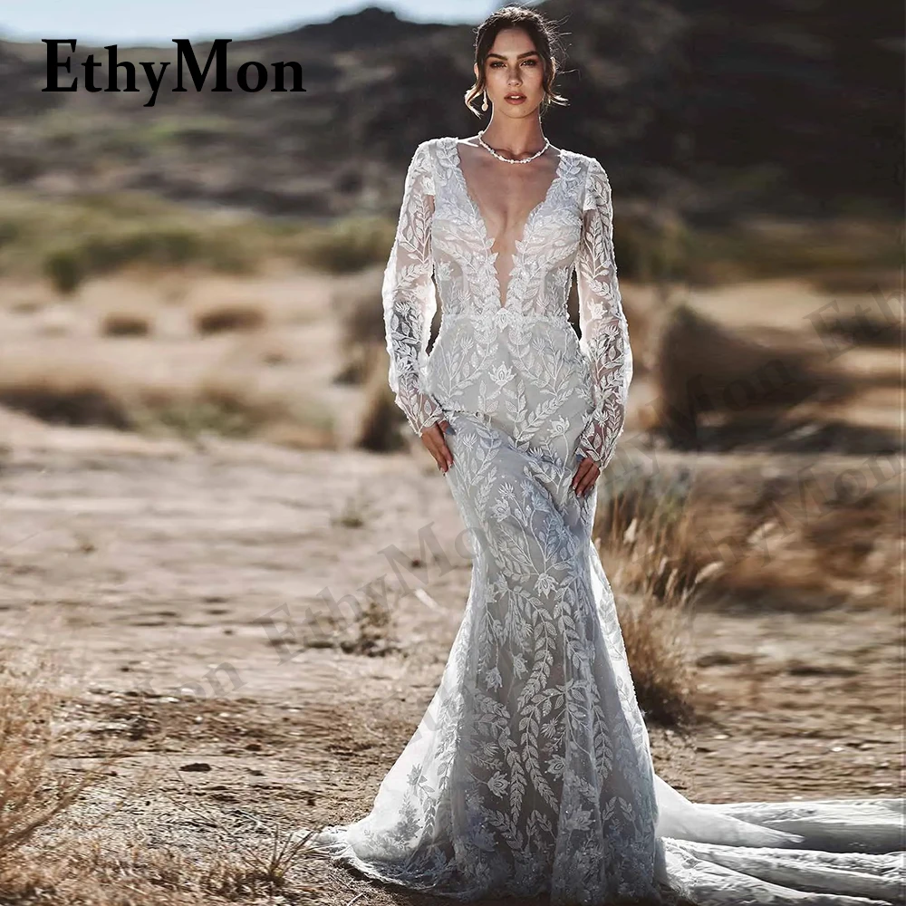 

Ethymon Attractive Full Sleeve Sparkly Tulle Deep V-Neck Wedding Dresses For Bride Floral Print Customised Vestido De Casamento