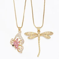 exquisite pave zirconia dragonfly shiny pink butterfly necklace for women gold plated insect pendant sweater chain jewelry gifts