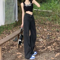 american retro washed black jeans women high waist loose thin straight wide leg mopping pants