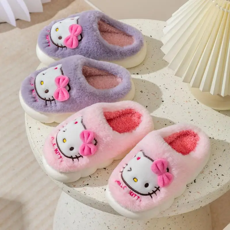 

Sanrio Plush Slipper Hello Kitty Thick Fluffy Girl Autumn Winter Home Cute Warmth Thick Plush Non-Slip Shoes Soft Bedroom Floor