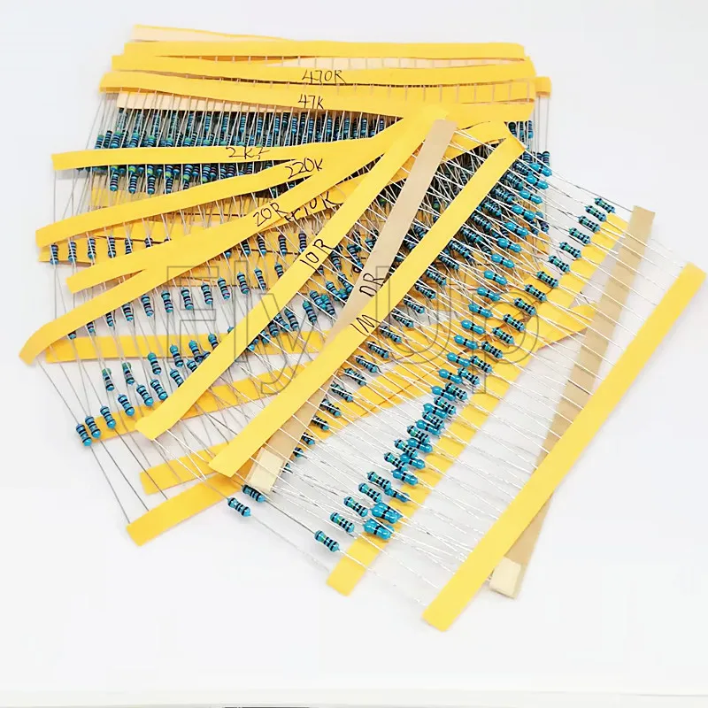 

100pcs 1/4W 1R~22M 1% Metal film resistor 100R 220R 1K 1.5K 2.2K 4.7K 10K 22K 47K 100K 100 220 1K5 2K2 4K7 ohm resistance
