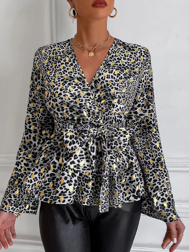 

Women Elegant Office Polka Dot Print Blusas Shirts Spring V Neck Trumpet Long Sleeve Blouse Ladies Fashion Lace Up Tops Shirts