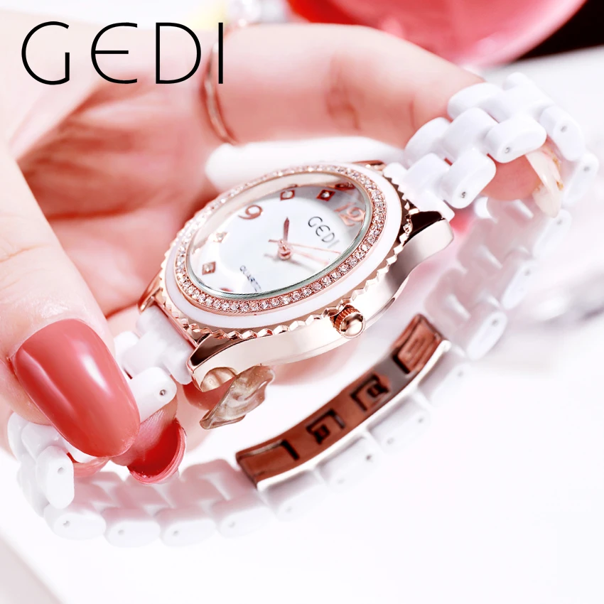 GEDI Luxury White Ceramic Women Watch Full Diamond Woman Fashion Watch 30m Waterproof Quartz Female Wristwatch Dropshipping 2023