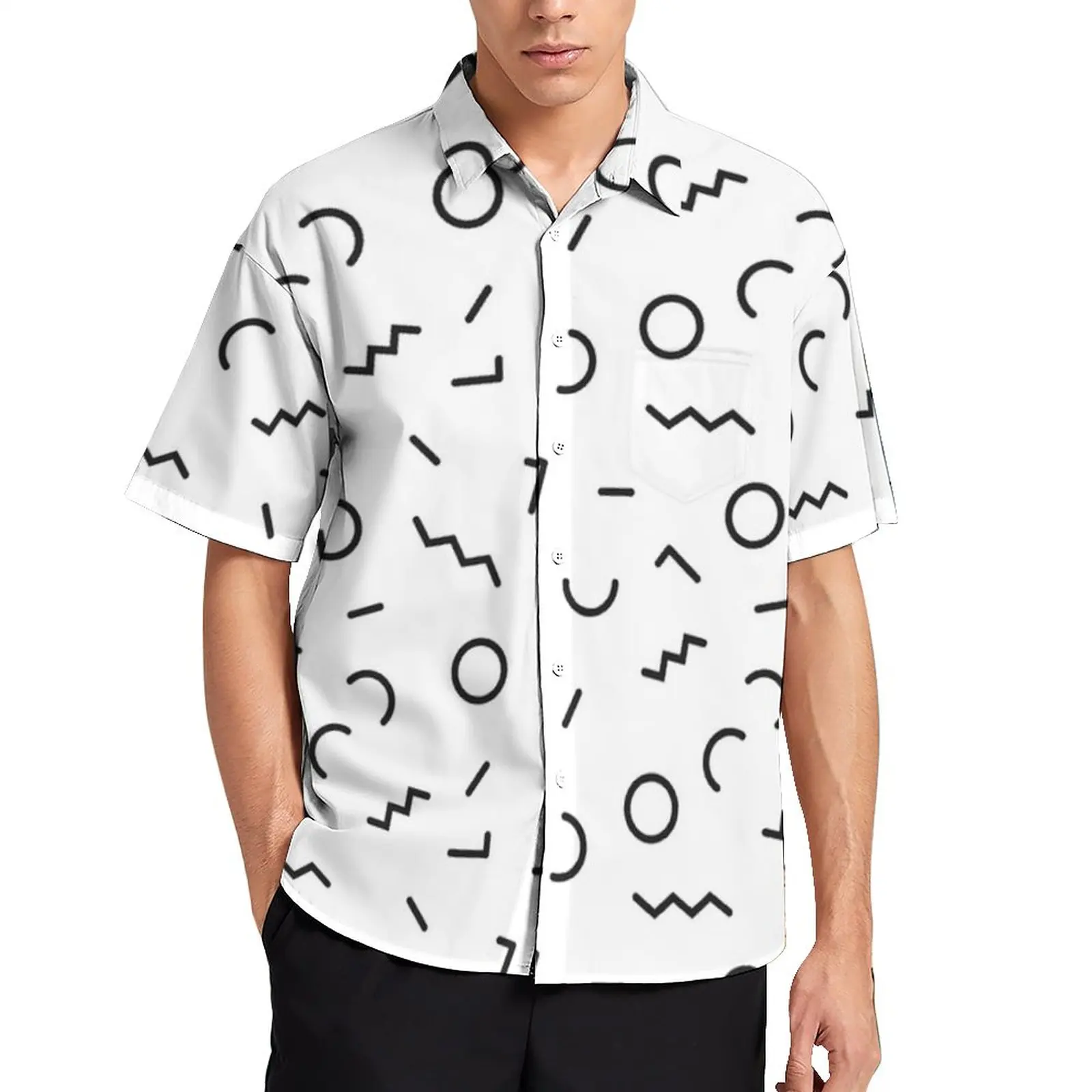 

Memphis Style Vacation Shirt Abstract Pattern White Summer Casual Shirts Man Novelty Blouses Short-Sleeve Pattern Top Plus Size