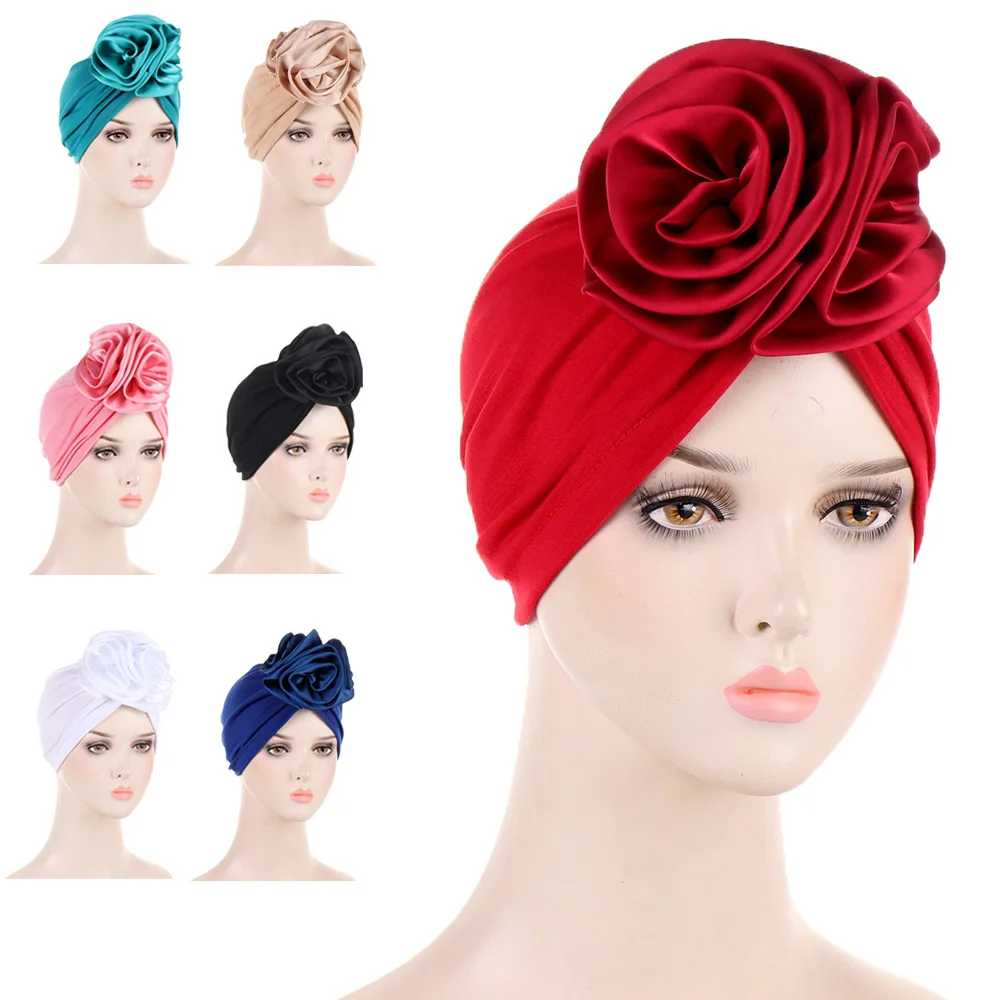 

Stretchy Satin Big Flower Turban Bonnet For Women Muslim Under Hijab Caps Solid Color Islamic Inner Hijabs Headwrap Chemo Cap