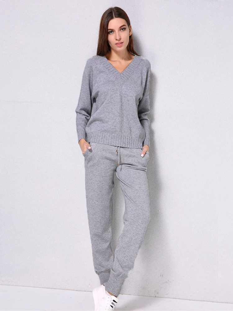 Bornladies Loose Knitted Sets Women Two Piece Sweater Sets Tracksuit Winter V Neck Sweater + Harem Pant 2 Piece Warm Set Outfits