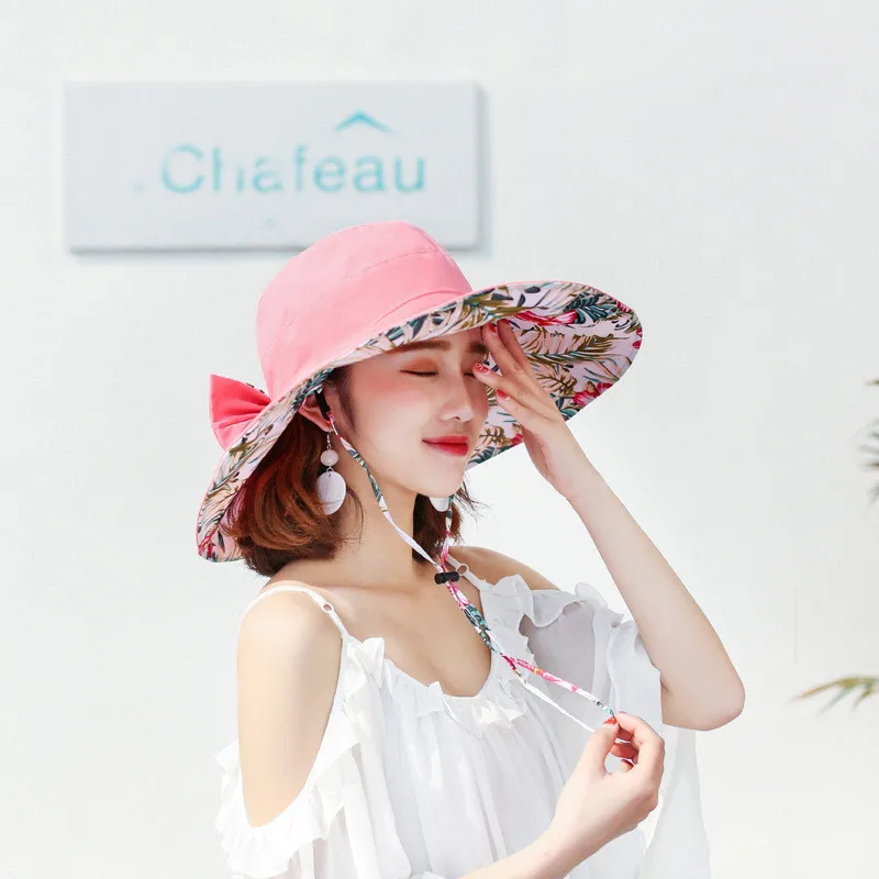 

women's Wind Big summer Hat hat UV printing Brim Beach Fixed protection hat sun Foldable Rope hat fashion Super Big Brim sun hat