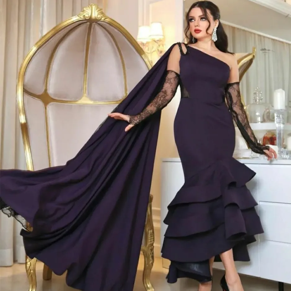 

AsaNagi, темно-Фиолетовое длинное вечернее платье с накидкой, с одним открытым плечом, асимметричное кружевное платье-Русалка для выпускного вечера, платье для вечеринки 2023