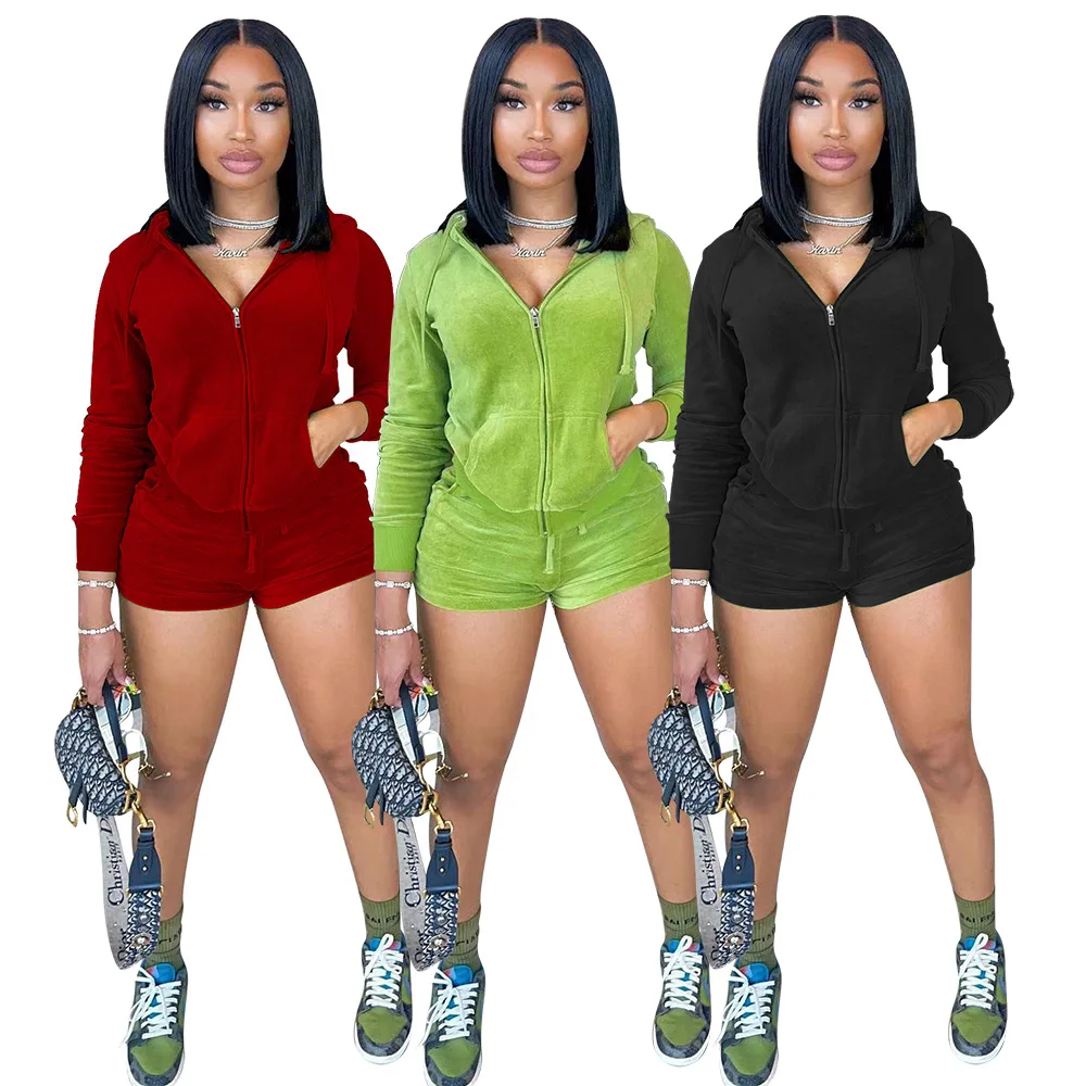 Women Sexy Zipper Long Sleeve Pockets Hooded Coat Top + Shorts Slim Two Piece Set Casual Festival Outfits Velvet Short Tracksuit