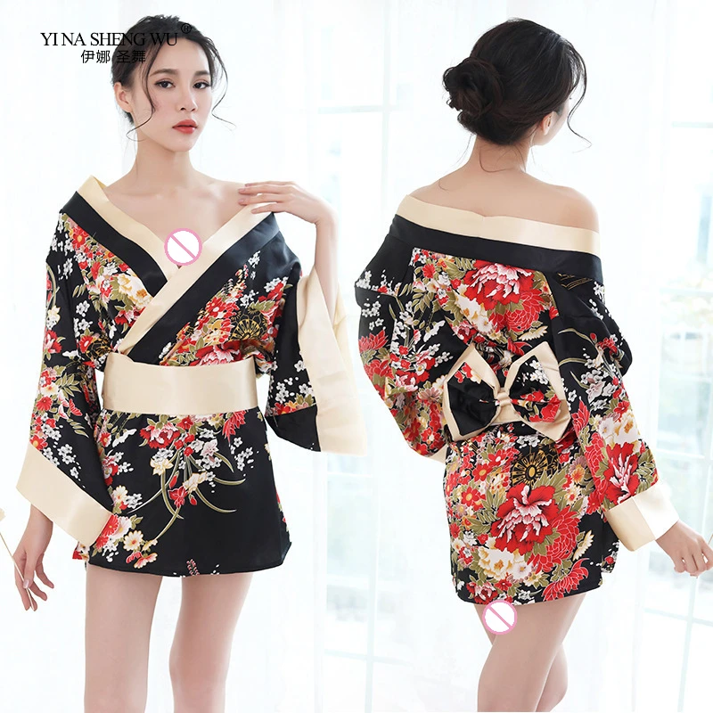 

Cosplay Sexy Silk Kimono Lovely Japanese Uniform Women Robe Floral Bathrobe Short Kimono Robe Night Bathrobe Dressing Costumes