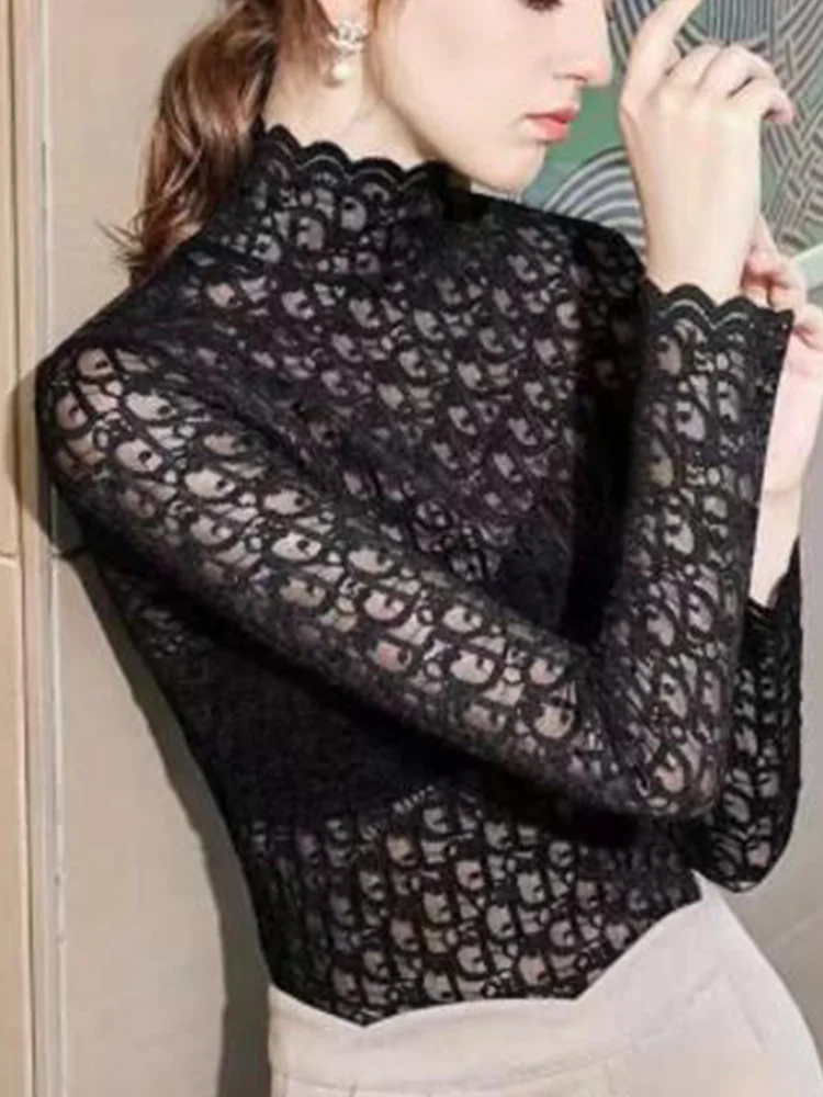 

Lace Tshirt Mock Neck Long Sleeve Top Sheer See Through Tee Shirt Mesh Blouse Shirt Casual Women Clothes Solid Color Lace Top