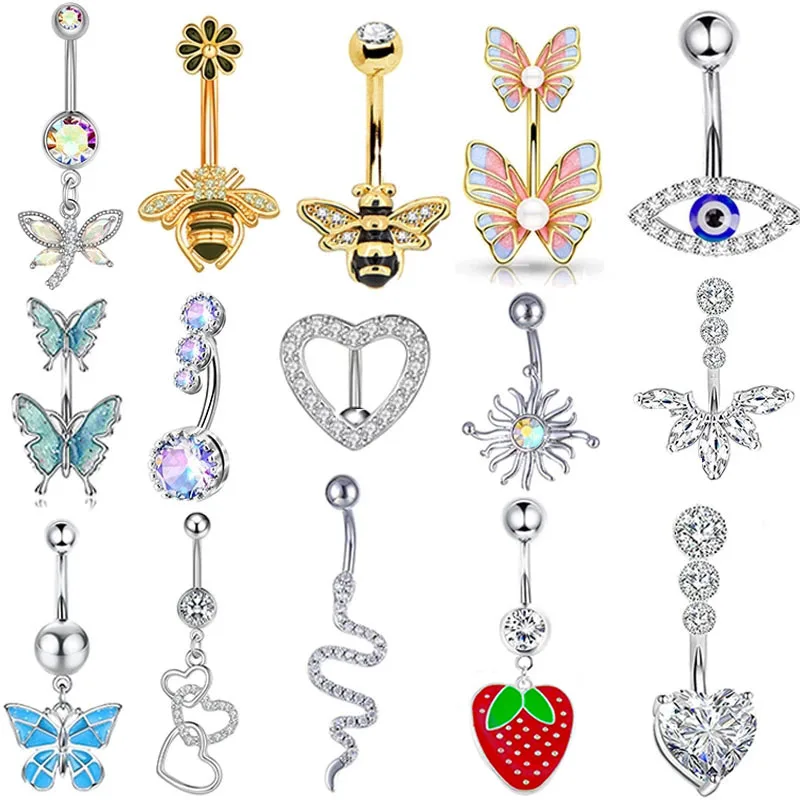 Dainsty Dangled Belly Button Rings Surgical Steel 14G Bar Navel Piercing Ring Crystal CZ Bee Flower Heart Belly Ring Ear Jewelry