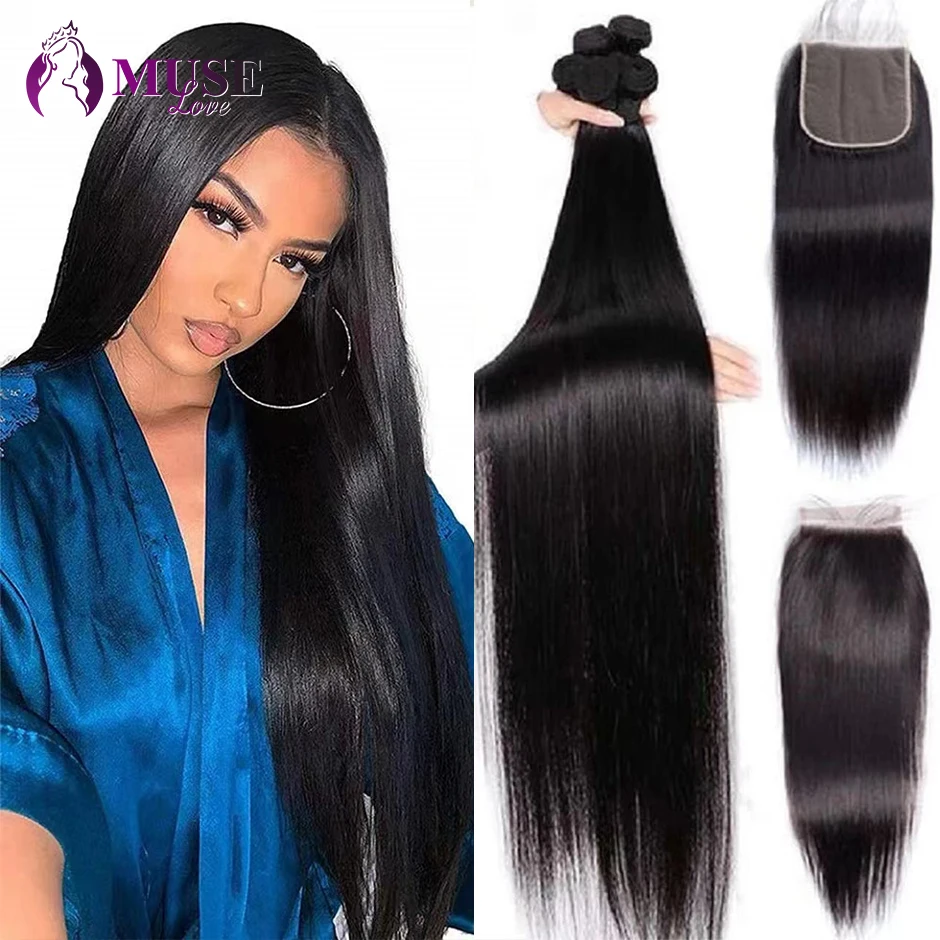 Straight Bundles With Lace Closure Peruvian Hair Weave 3 Bundles With 4x4 Lace Closure Remy Human Hair Bundles With Closure