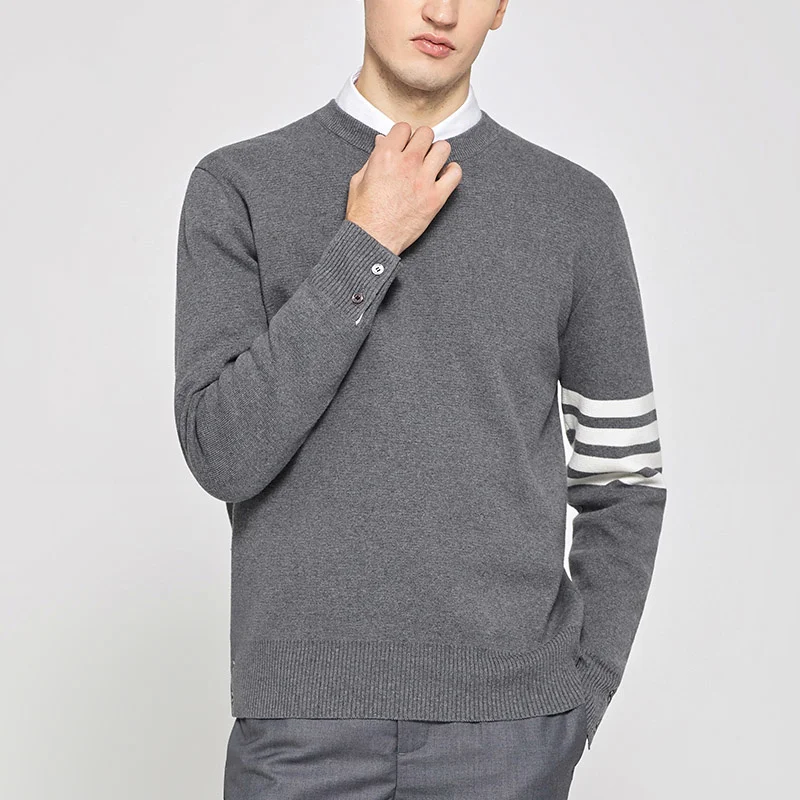 TB THOM Fine Cotton Casual Sweater Women Autumn Winter Men's Fashion Brand Round High Quality Coat 4-Bar Stripes Pullover Lovers