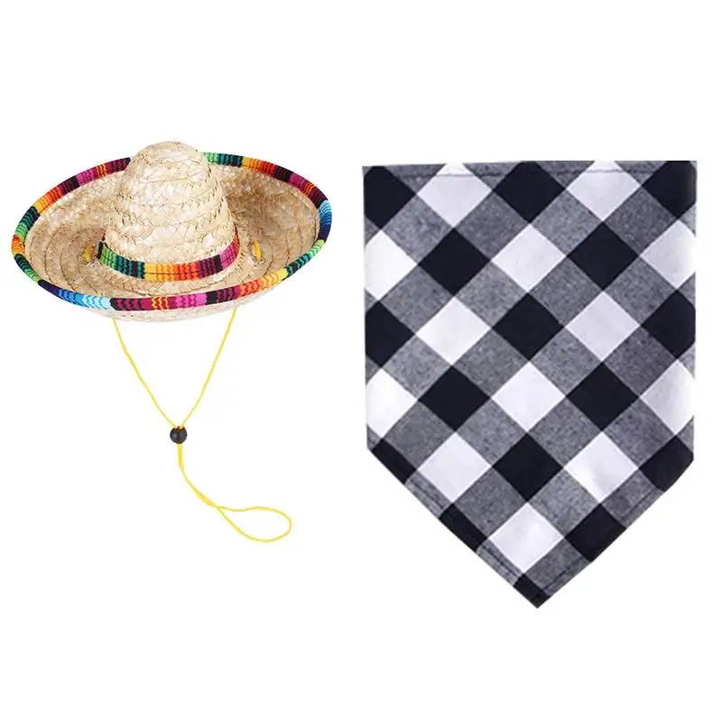

Dog Scarf Dog Plaid Bandana Bibs Scarf Triangle With Straw Hat Drool Towel For Dogs Cats Small Medium Pets Stylish Non Fading