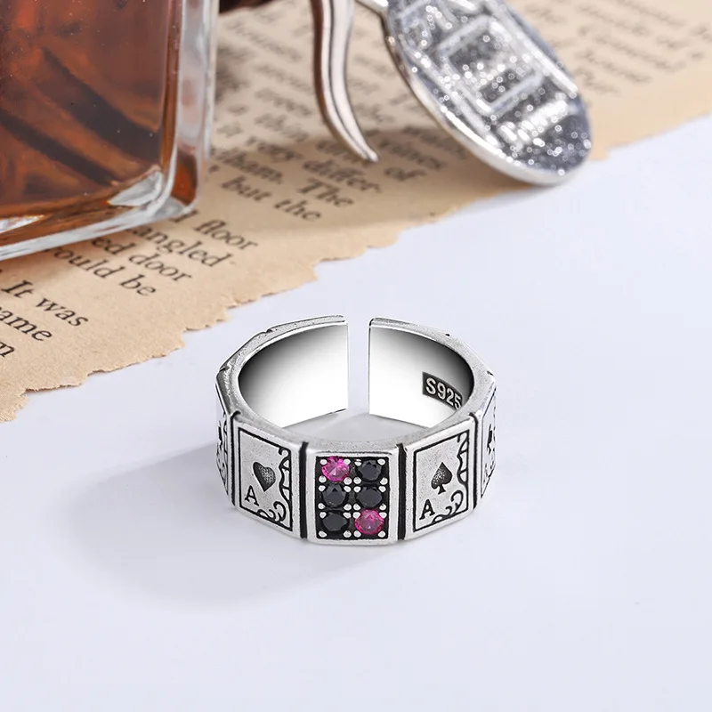 

Women's Vintage Filled Zircon Poker Adjustable Rings Silver Color Spade A Opening Finger Ring for Female Jewelry Accessories