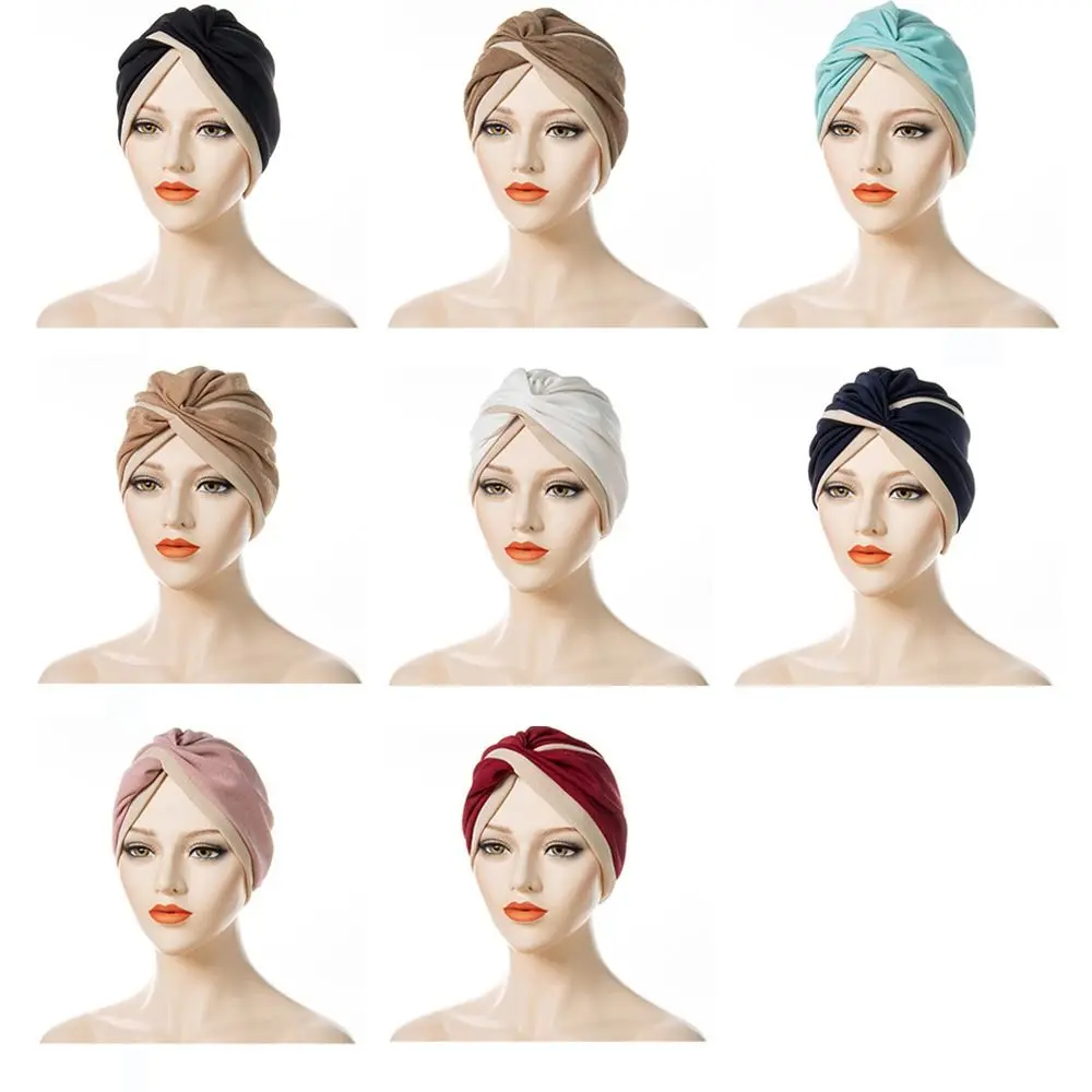 

Женская шапка-тюрбан, модные витые индийские шапки, двухцветная сшитая Шапка-тюрбан с перекрестными складками на лоб, мусульманский хиджаб,...