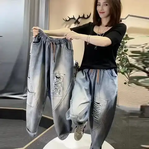 2023 Spring Autumn New Korean Fashion Women Elastic Waist Cotton Denim Harem Pants Hole Design Vintage Blue Loose Jeans C705