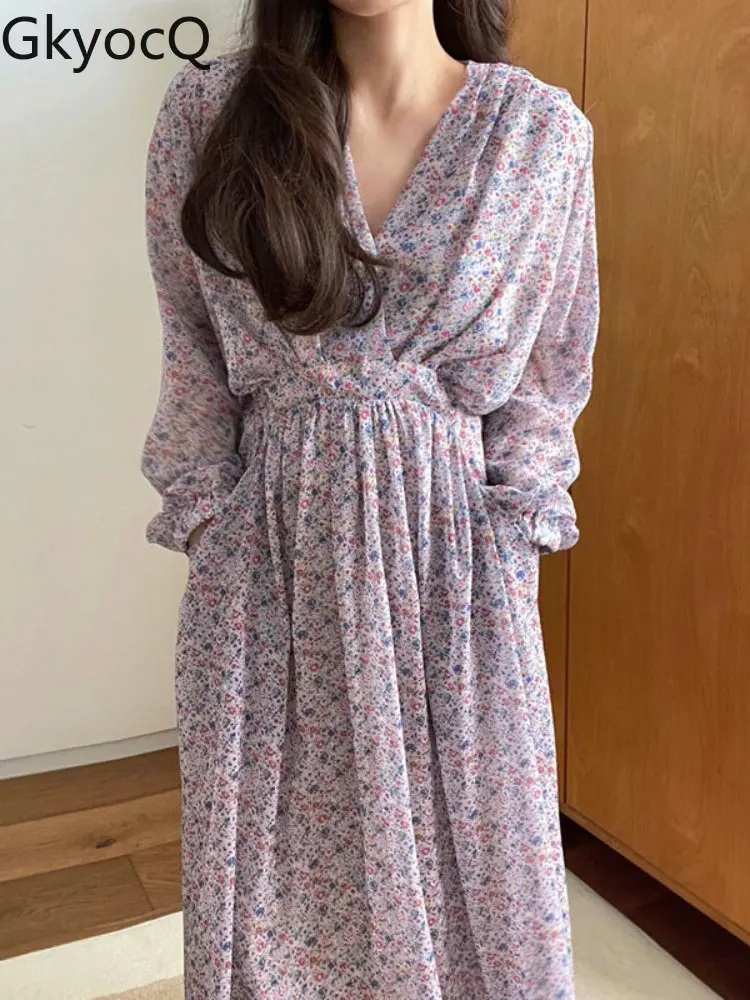 

Korean Autumn Elegant V-neck Drawstring Lace Up Design High Waist Long Sleeve Chiffon Floral Dress Long Dress Women Loose Dress