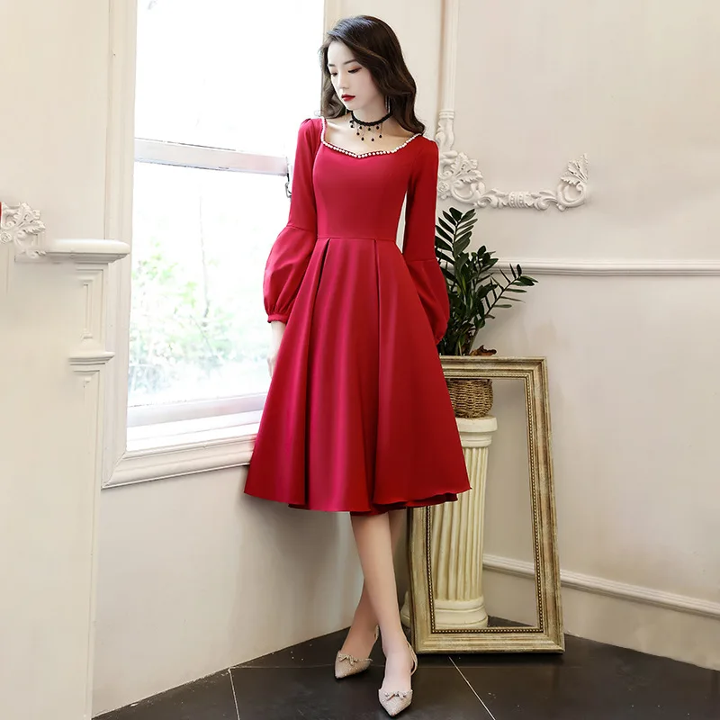 

Burgundy Bride Wedding Gown Beading Elegant Celebrity Dress Full Sleeve Banquet Gown Quinceanera Dress Lady Solid Robe De Soiree