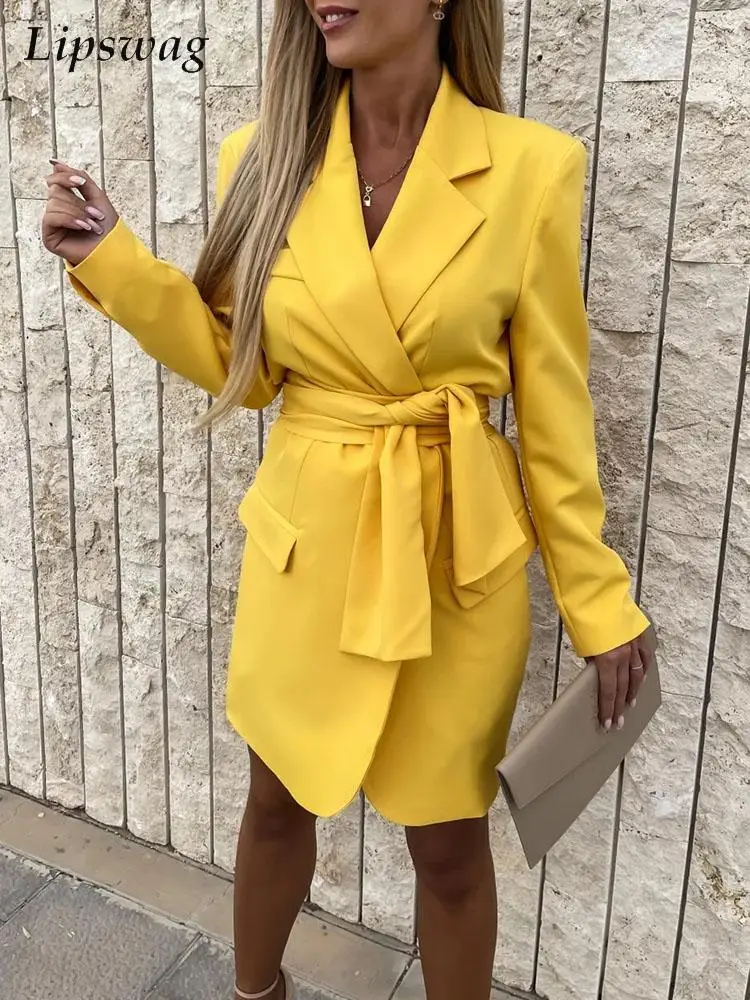 

Women Spring Summer Solid Blazer Dress Office Lady Fashion Long Sleeve Suit Mini Dress Simple Elegant Lapel Bandage Party Dress