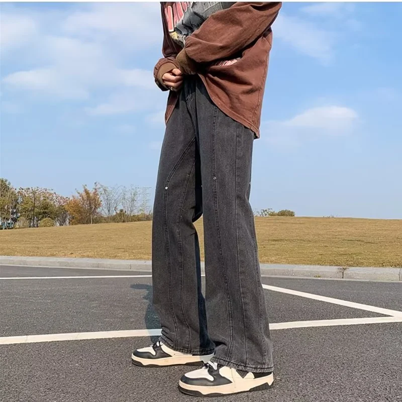 Streetwear Men 2022 New Style Vintage Loose Straight Cylinder Blue Jeans Temperament Versatile Wide Leg Trousers Autumn Female