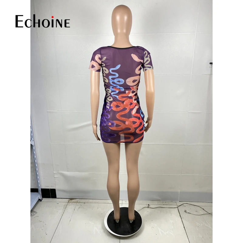 Женское Прозрачное платье-мини с разноцветным принтом в сетку | Женская одежда