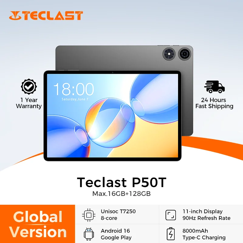 Фото Планшет Teclast P50T на Android 16, 90 Гц, 11 дюймов, TDDI, UNISOC T7250, восьмиядерный процессор, 3 ГБ ОЗУ + 13 ГБ расширяемой памяти, 128 ГБ ПЗУ, 8000 мАч, GPS №1