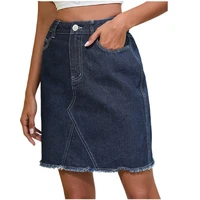 women denim slim stitching skirts casual washed dark blue mid waist skirt summer burr loose bright line straight skirts cowgirl