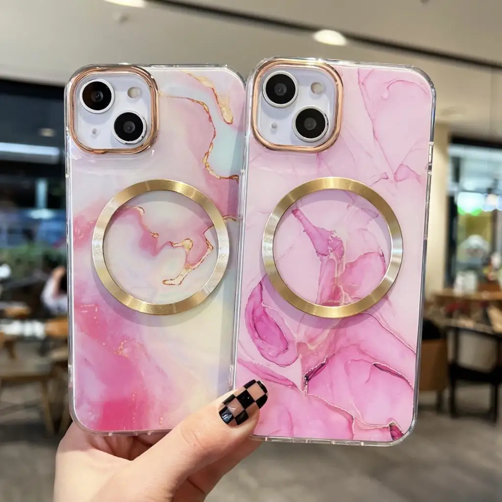 

Metal Magnetic Gold Plated Marble Phone Case For iPhon 14 12 13 11 Pro Max Luxury Magsafe Magnet Covers Wireless Charging