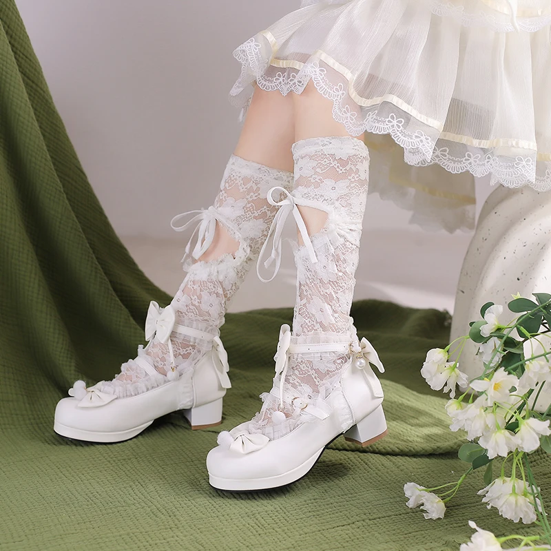 2023 new Spring women pumps  plus size 22-26.5cm Pearl mesh bow ankle buckle Lolita shoes cute mary jane shoes platform shoes