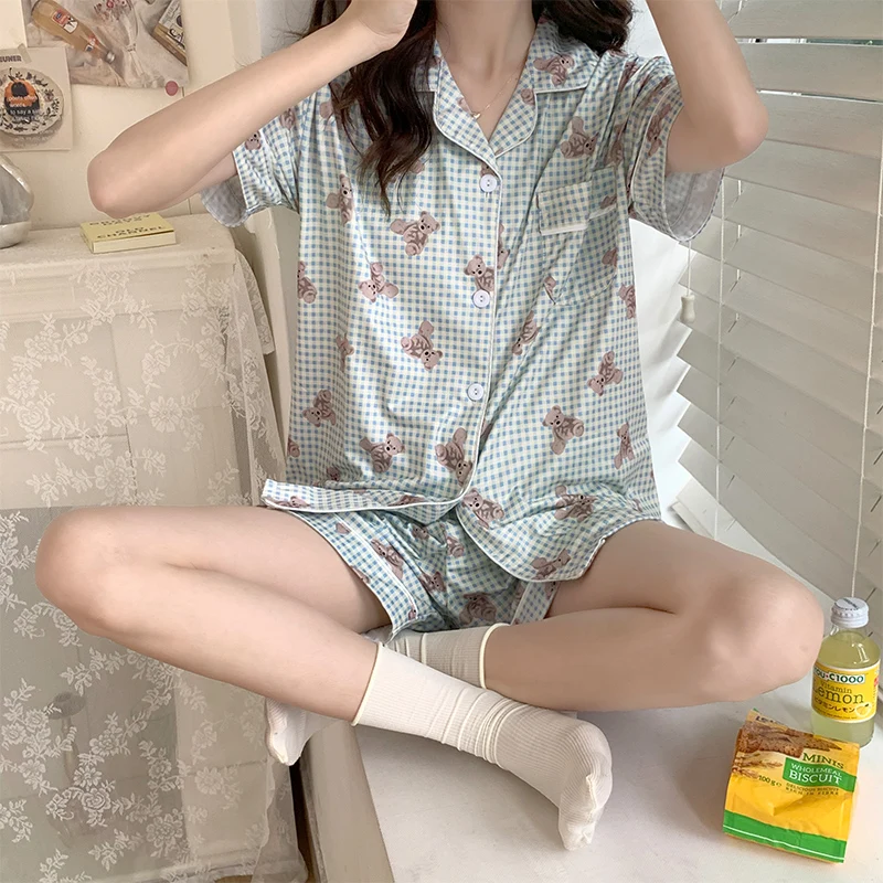 CAIYIER Korean Lovely Bear Pajamas Set Summer Women Kawaii Nightwear Leisure Female Turn-down Collar Short Sleeve Sleepwear Suit
