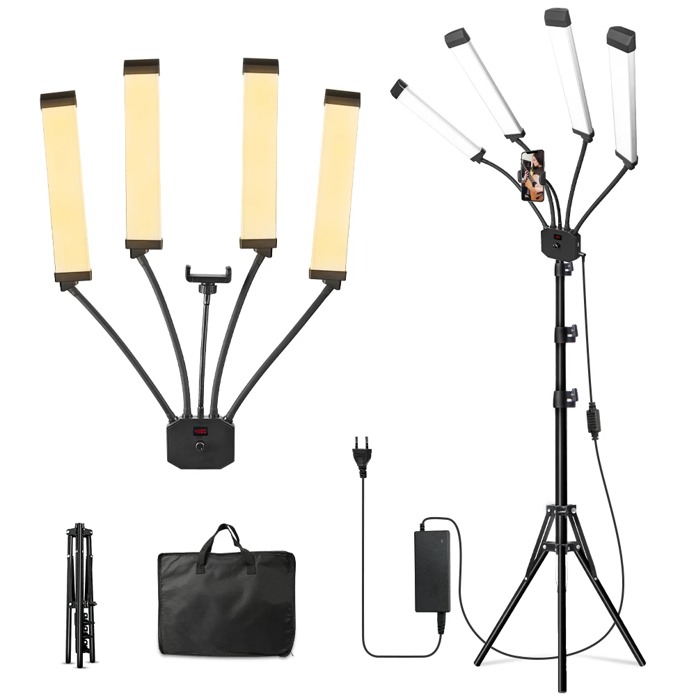 65W 3200K-5600K Four Arms Fill LED Light with 200cm Tripod 448 leds Long Strips Ring Lamp with LCD Screen for Beauty shop Live