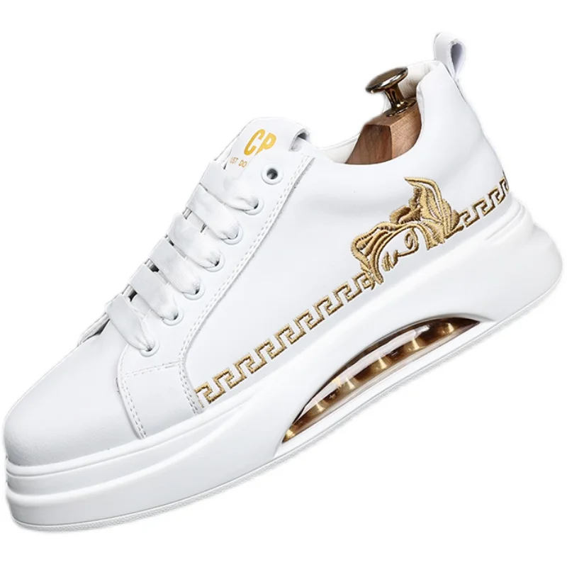 

2023 New Hot Men's White Round Toe Thick Platform Sole Air Cushion Casual Shoes Male Lace-up Embroidery Sneakers Sports Footwear
