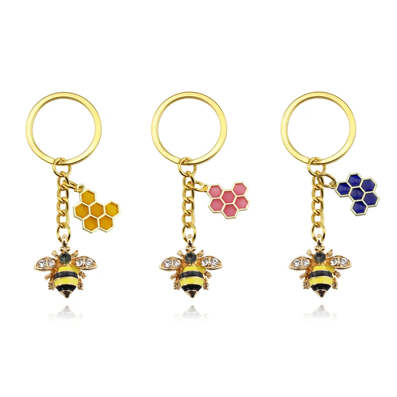 

Cute Insect Enamel Bee Keychain Fashion Geometric Honeycomb Bee 3D Printed Glass Dome Key Ring Chain Bumblebee Accessory Trinket