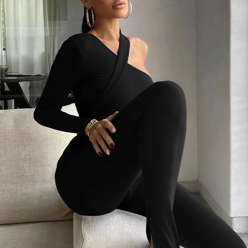 

Chifirena Spring Summer One Shoulder Bodysuit Slim Irregular Solid Short Jumpsuit Female Sexy Romperss Black Overalls for Women