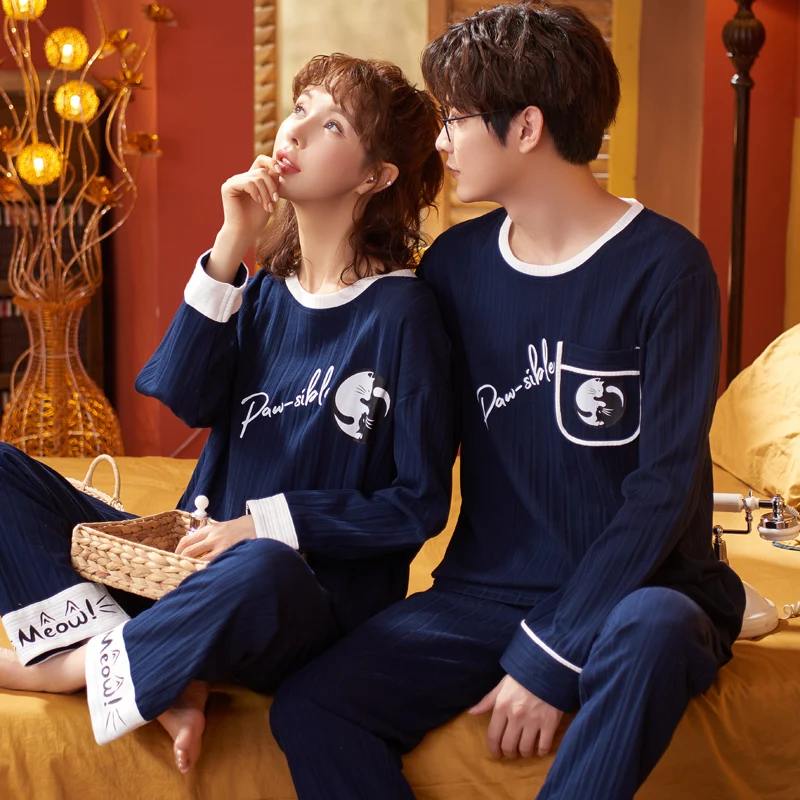 New Couple Long Sleeve Pants Pajamas Knitted Cotton O Collar Men Women Fashion Sleepwear for Youth Lovers pyjamas homme feminino