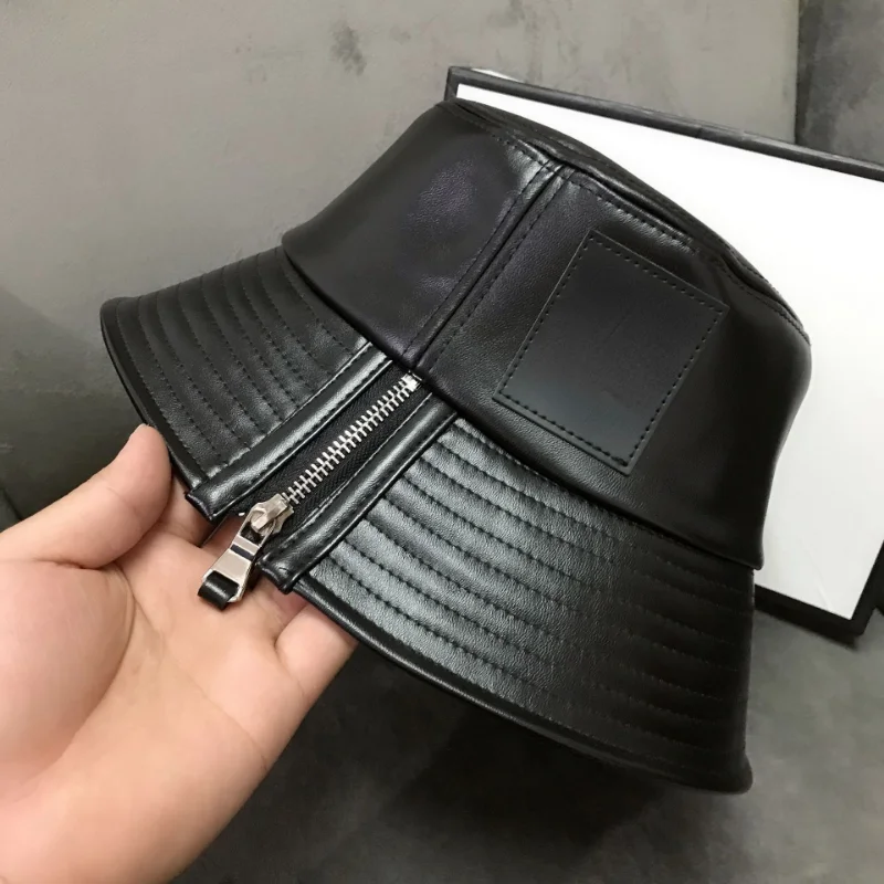 

Fisherman's Hat Female Japanese Autumn Winter Cap Zipper PU Leather Black Designer Panama Hats Male Spring Shading Bucket Caps