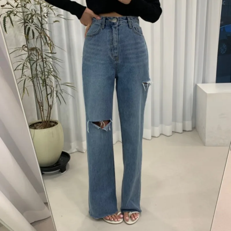 

Korean Fashion Style High Waist Slim Asymmetrical Tear Ragged Edge Straight Tube Floor Dragging Denim Pants for Women 2023