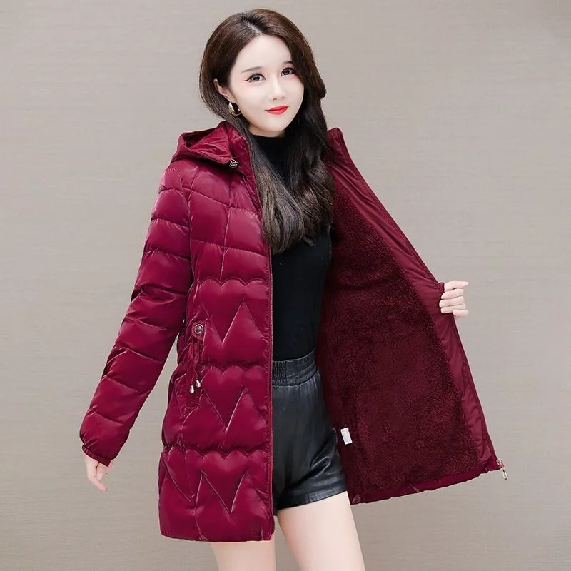 Mother's winter coat, down 2022 new style, velvet thickened hooded jacket for