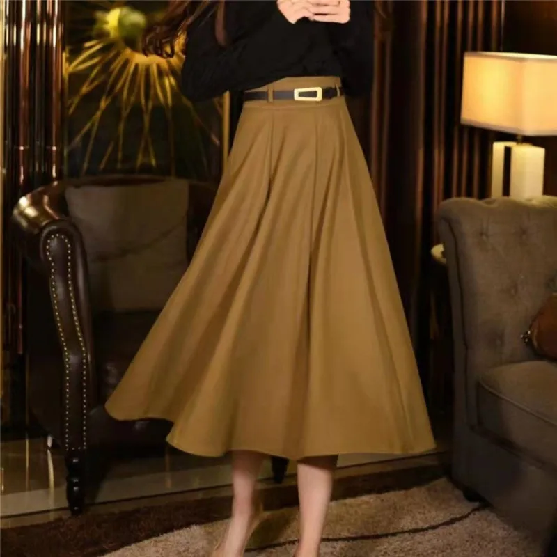 

Women Skirt Autumn Winter A-Line High Waist Solid Simple Elegant Midi Skirt Black Casual Skirt Party 2022