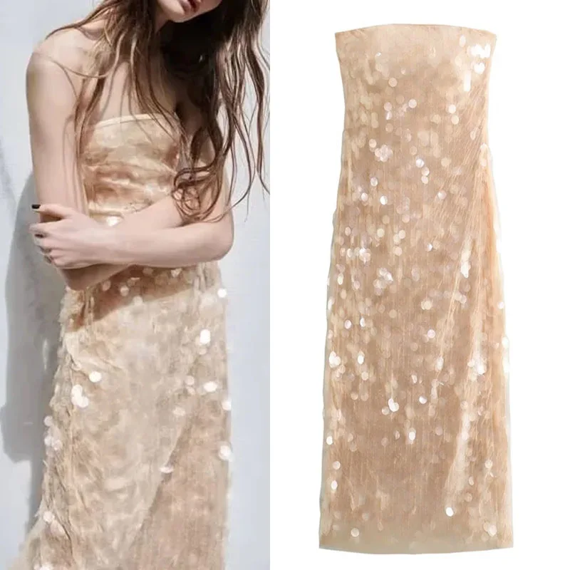 

Женское платье-миди без бретелек, с блестками