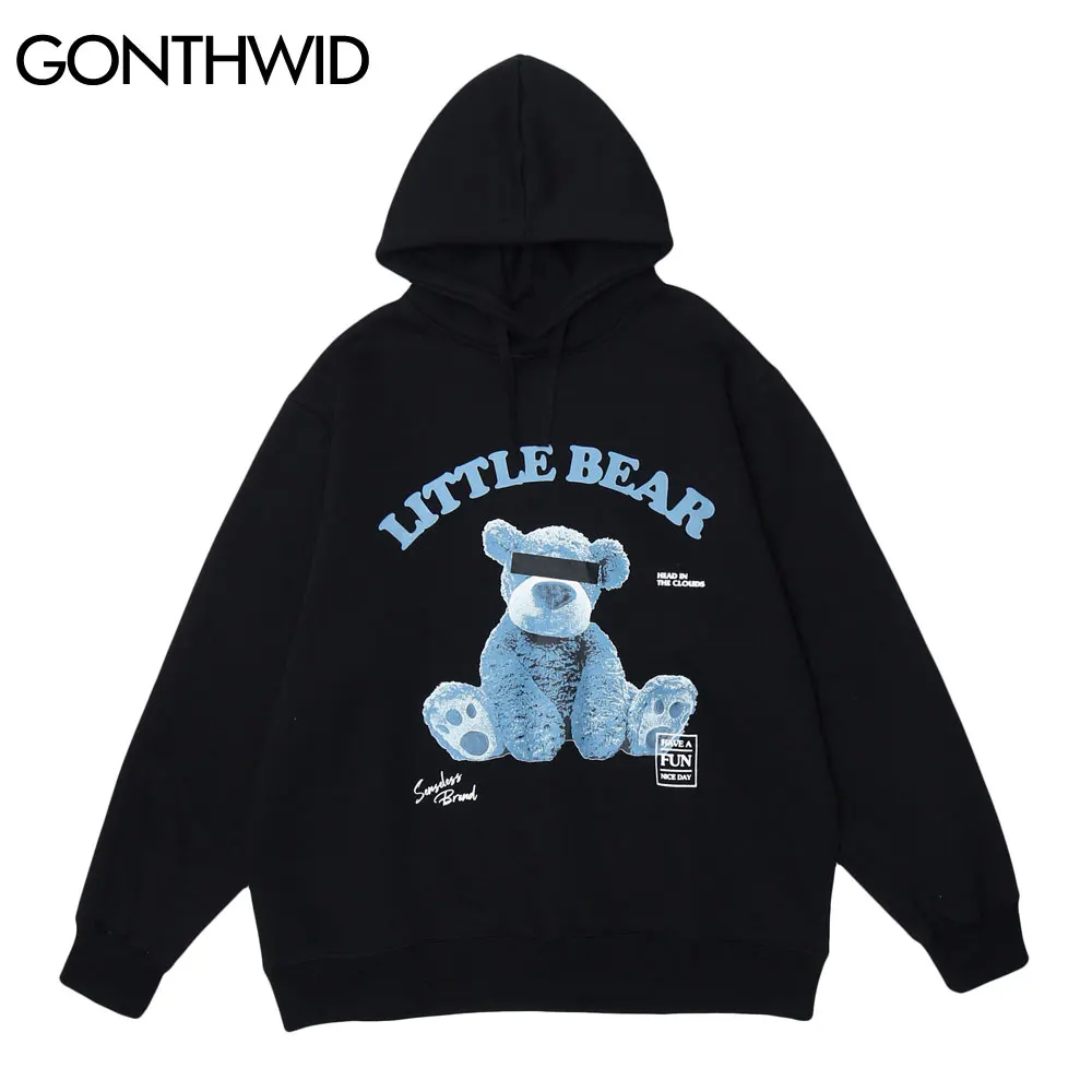 

GONTHWID Blindfolded Toy Bear Print Hooded Sweatshirts Streetwear Hip Hop Men Casual Harajuku Hoodies Fashion Pullover Tops Male