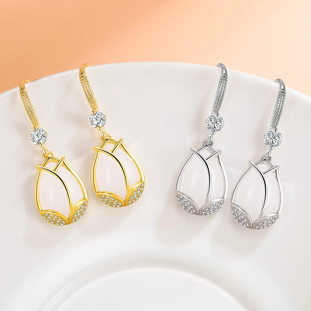 

Silver Colour Tulips Flower Necklace Drop Earrings Jewelry Sets For Women Wedding Bridal Luxury Juwellery Female