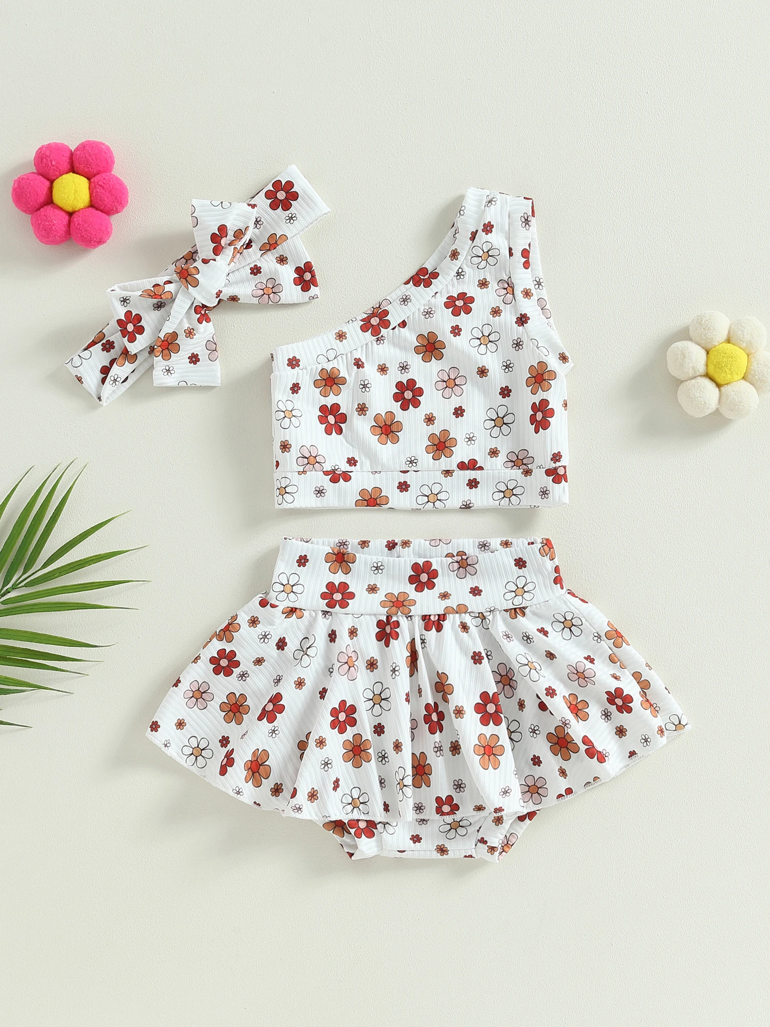 

Adorable 3-Piece Newborn Outfit Flower Print One-Shoulder Vest Elastic Waist Shorts and Hairband for Your Baby Girl s Summer