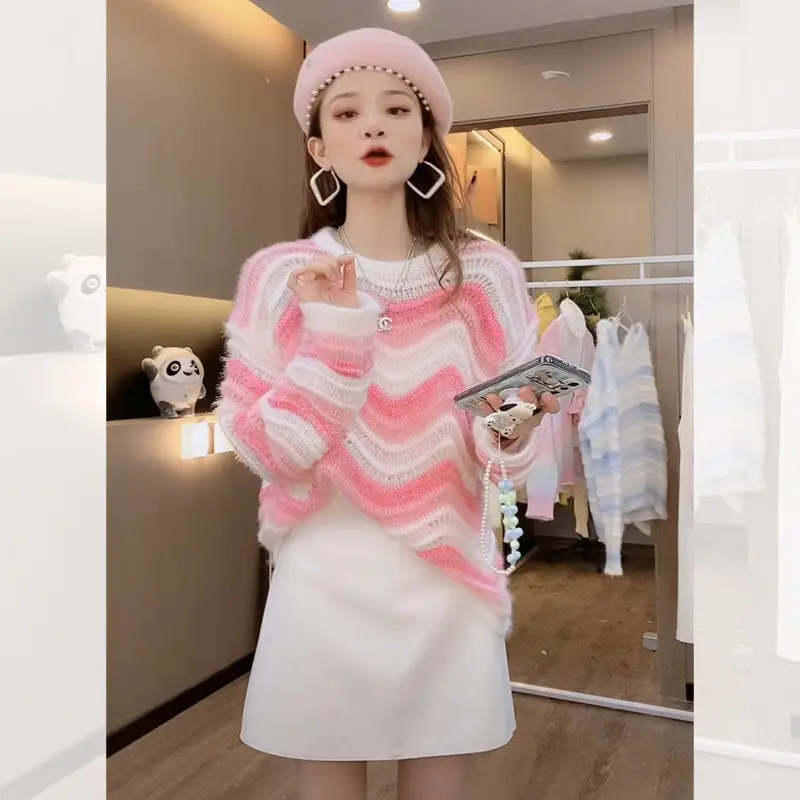 Свитер женский вязаный с круглым вырезом, мягкий облегающий трикотажный джемпер с принтом в полоску, базовые свитера G266