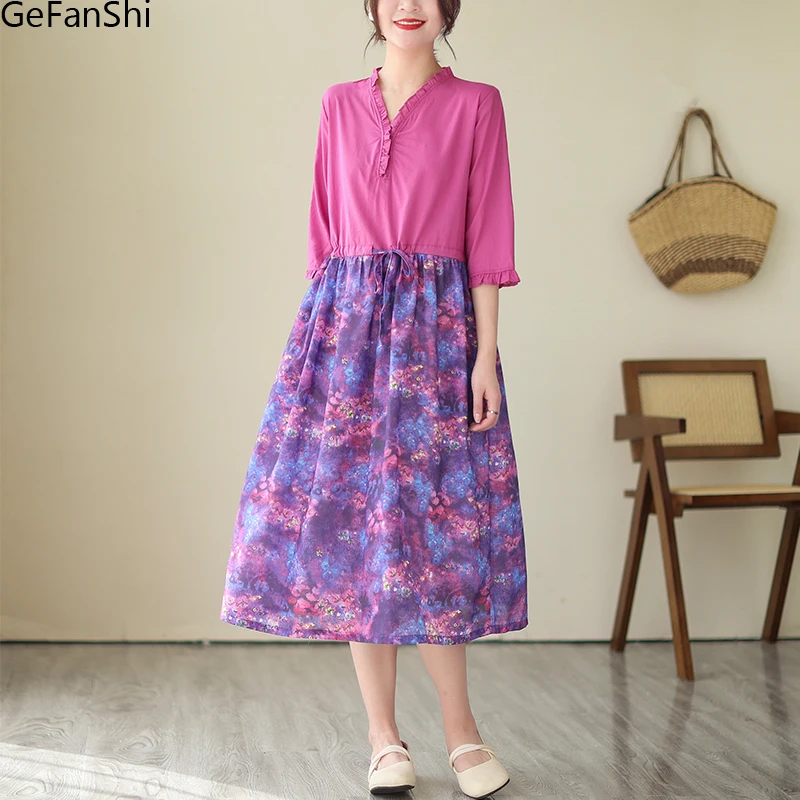 

Summer Half Sleeve Print Patchwork Drawstring Brief V-Neck Dresses For Women Loose Casual Vintage Dress Fashion Elegant Clothes